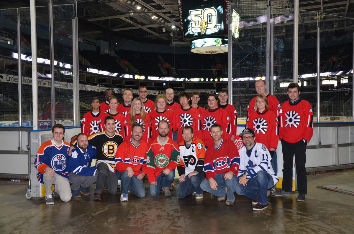 A picture of most of the Digital Echidna team, taken at the ice level of the Budweiser Gardens in London, ON.