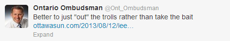 A screen capture of the Ontario Ombudsman's "out the trolls" reference.