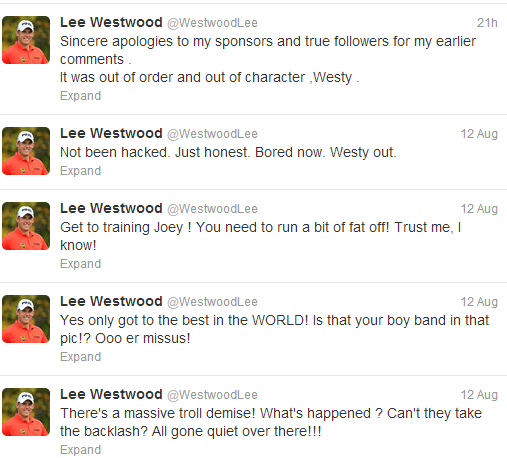 A screen capture of some of Lee Westwood's tweets.