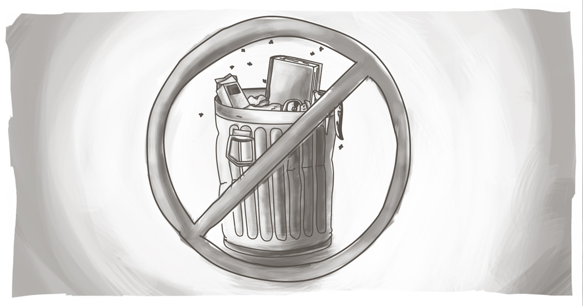 An image of a garbage can with a "no" circle/slash around it representing "no Spam."