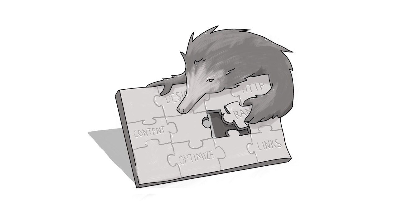 An echidna piecing together a puzzle filled with various Web site and social media components.