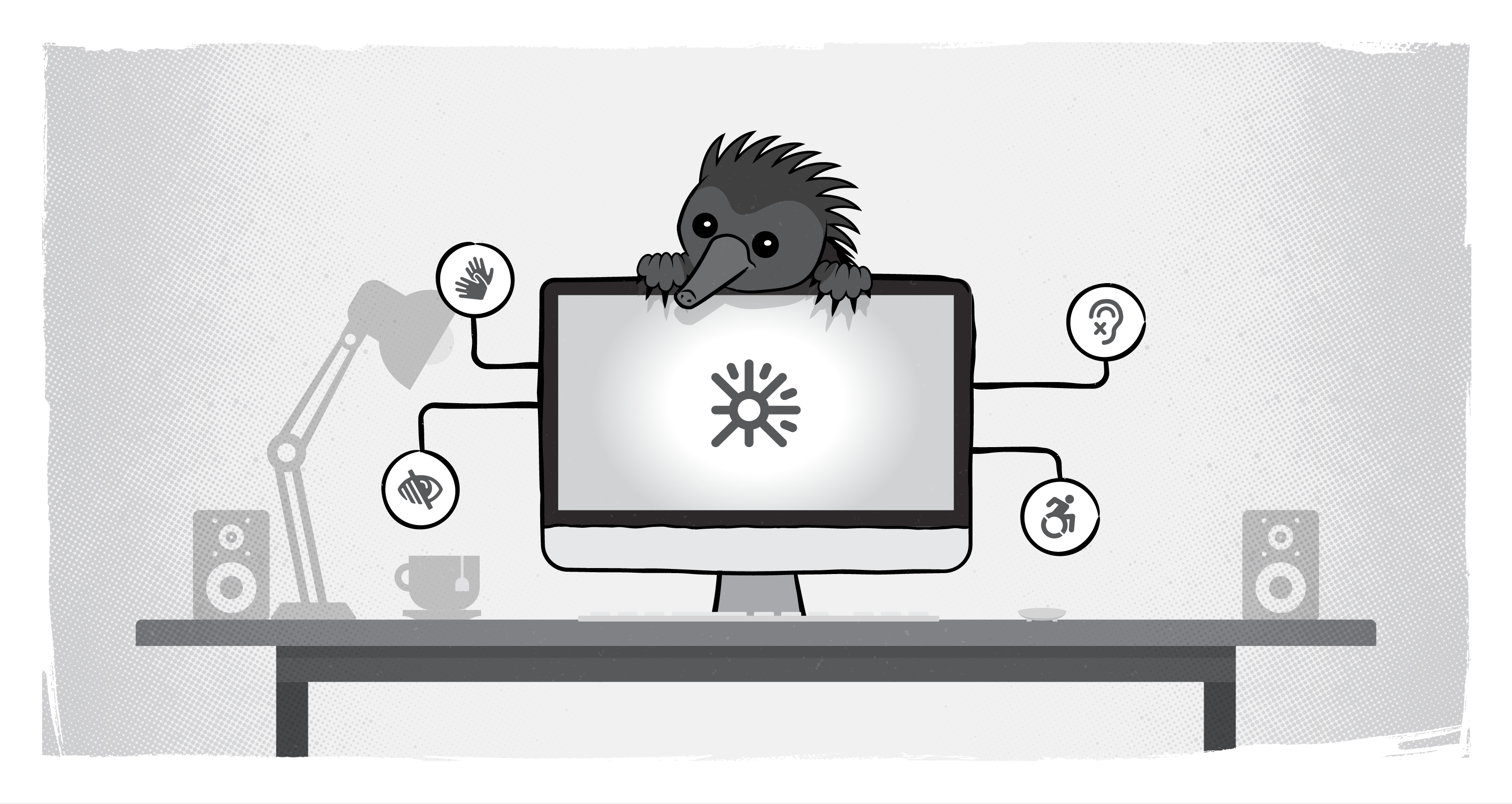 echidna perched over computer screen showing icons for deaf, low vision