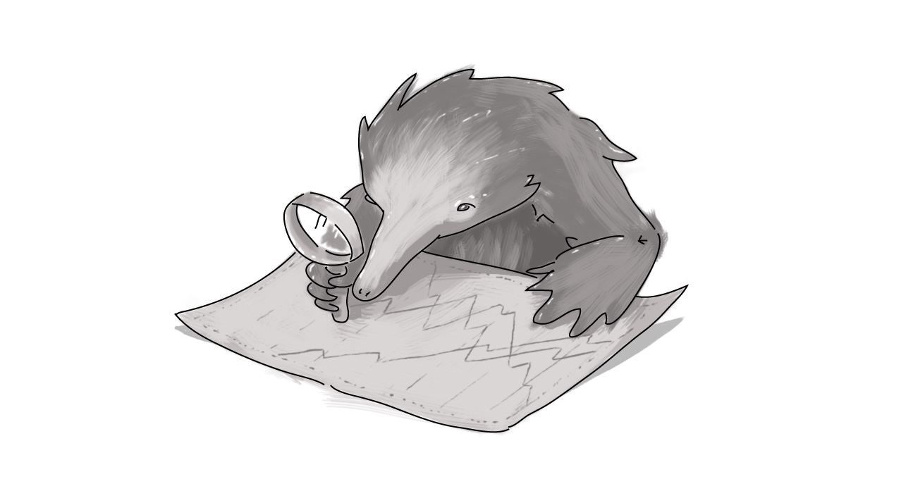 Sketch, echidna using magnifying glass looking at a document