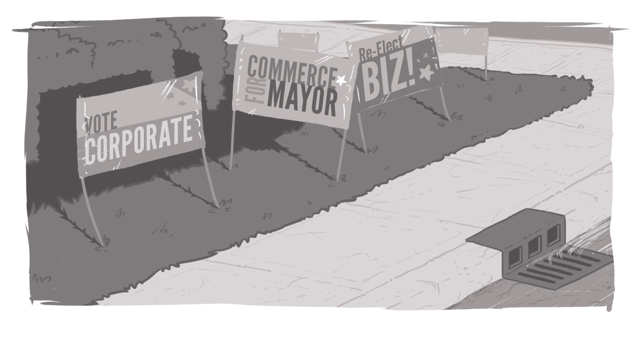 An array of campaign signs, bearing business slogans like "Vote Commerce."
