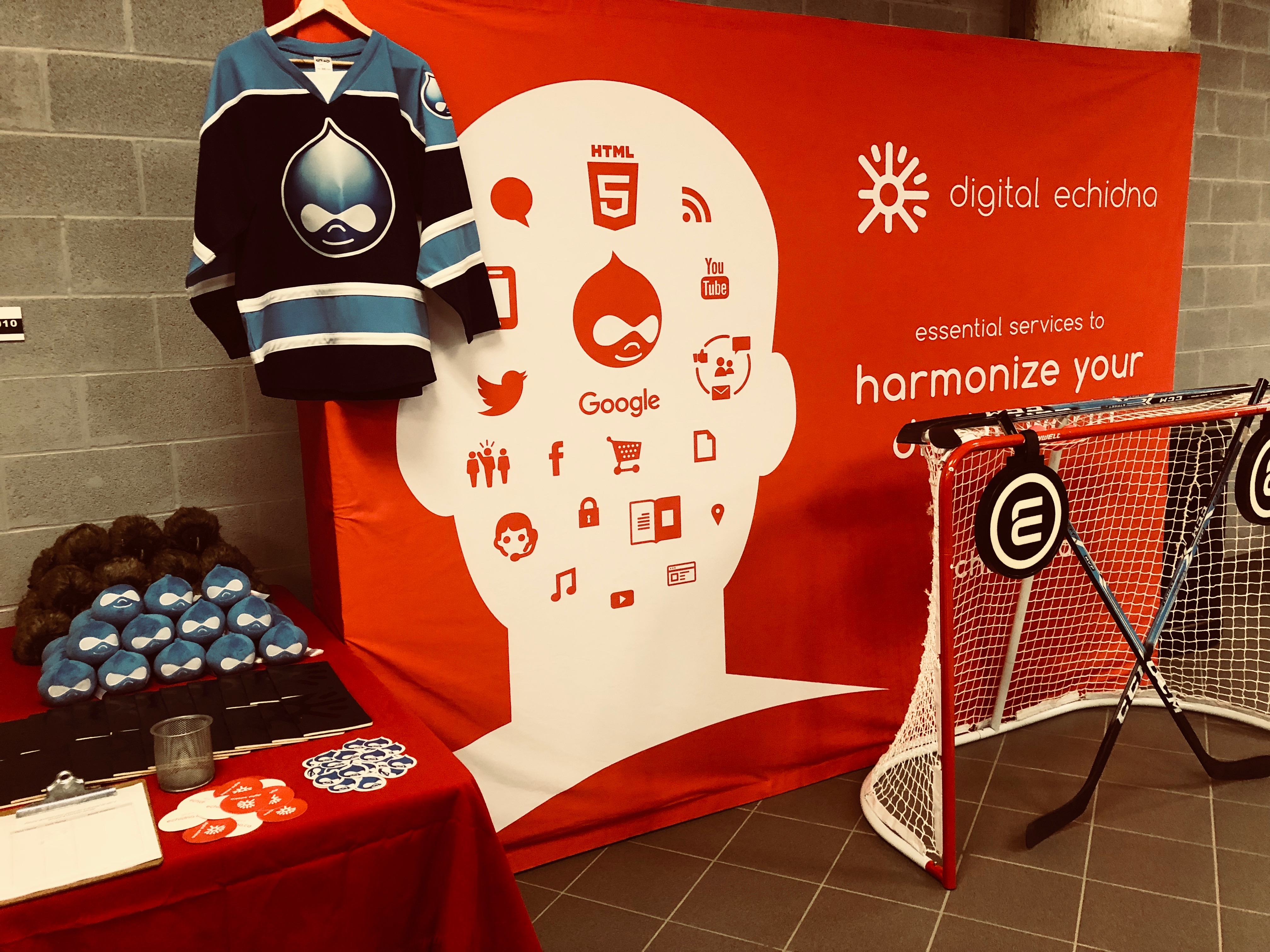 The Digital Echidna trade show booth, with banner, jersey, and hockey net.