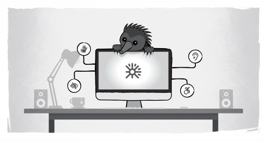 echidna perched over computer screen showing icons for deaf, low vision