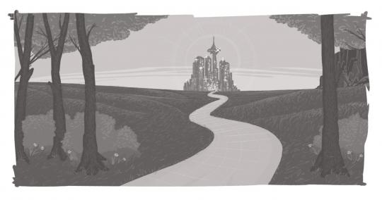 An image of a path leading to a castle on the horizon.