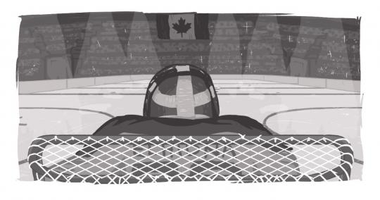 An image of a goalie looking out to the ice, with Echidna on his or her back.