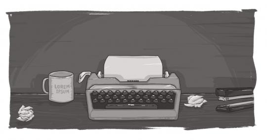 Typewriter with a blank page, empty coffee cup, and crumpled page on desk