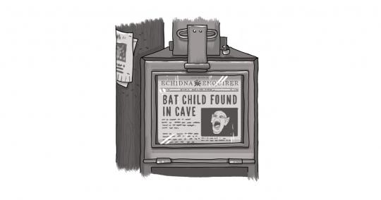 An image of a newspaper in a box, with a Bat Boy headline and screaming Bat Boy image.