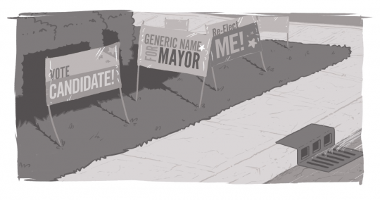 An image of a series of campaign signs, reading "Vote Candidate!" and similar messaging.