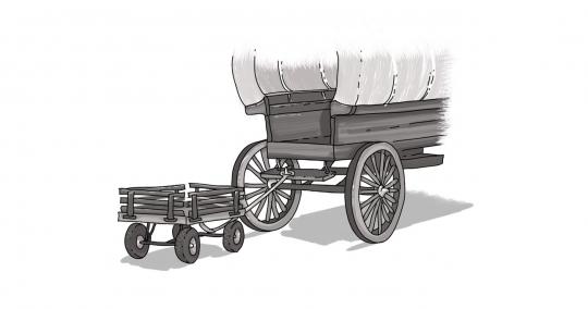 sketch of covered wagon with trailer hitched