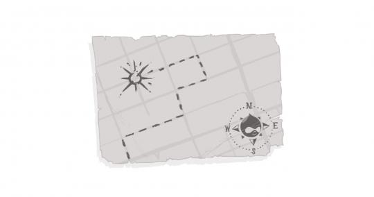 An image of a treasure map, with a Drupal drop as the compass rose and a path leading to a stylized Echidna logo.