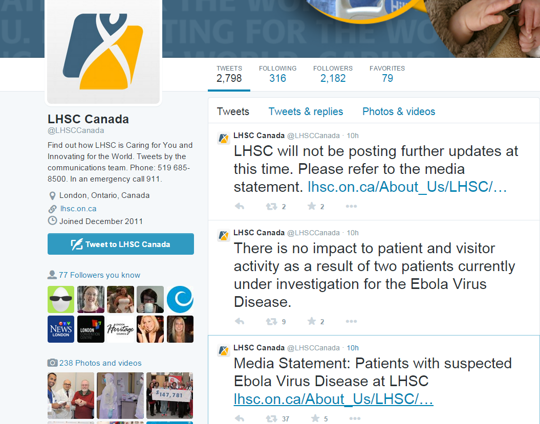 An image capture of LHSC's Twitter feed with the Ebola-related Tweets