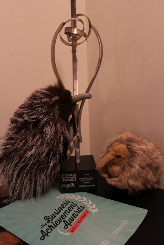 An image of two stuffed echidnas standing next to the Corporate Social Responsibility Award.