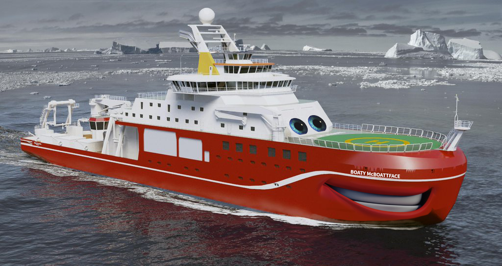 An image of a ship with an animate face and the name Boaty McBoatface