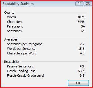 An image of Microsoft Word's readability stats