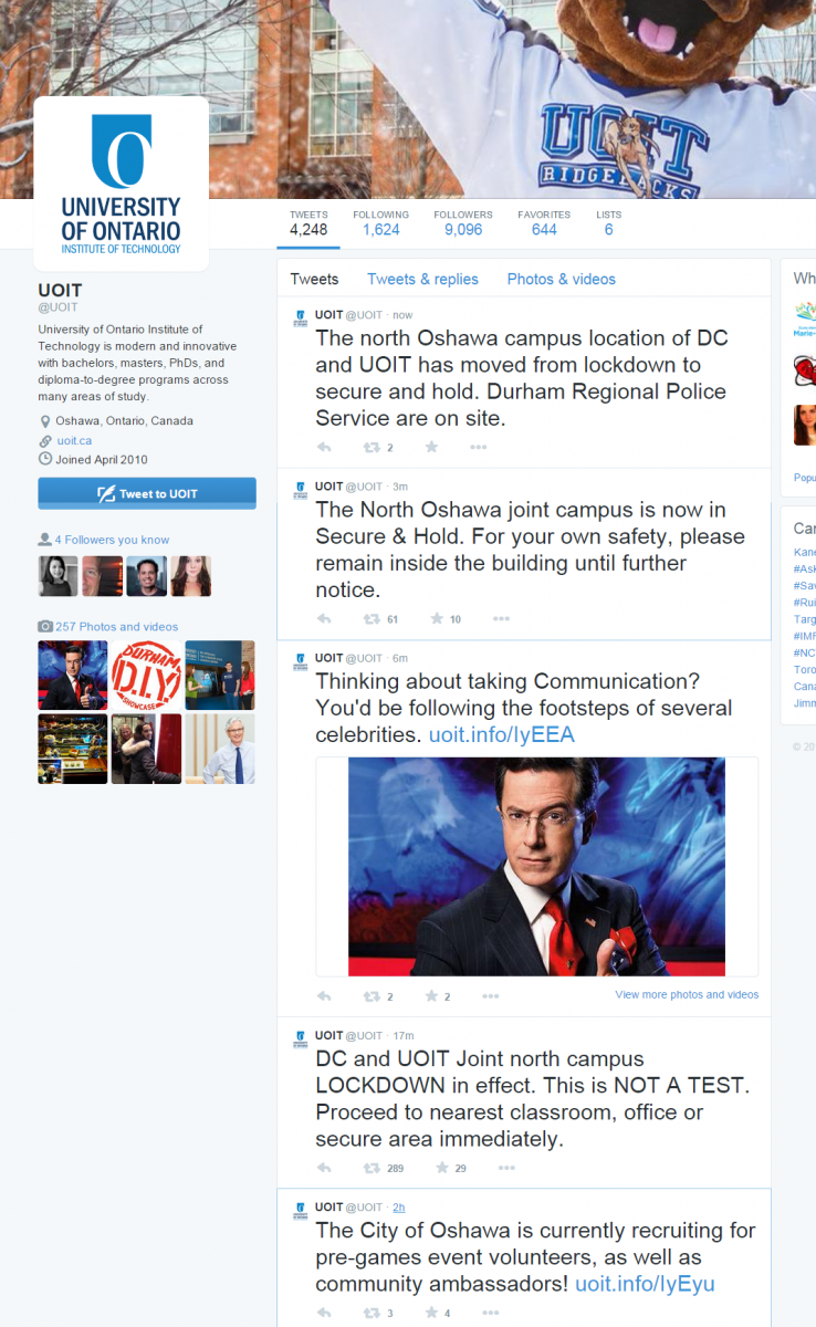 An image capture of the University of Ontario Institute of Technology's Twitter feed from February 5th