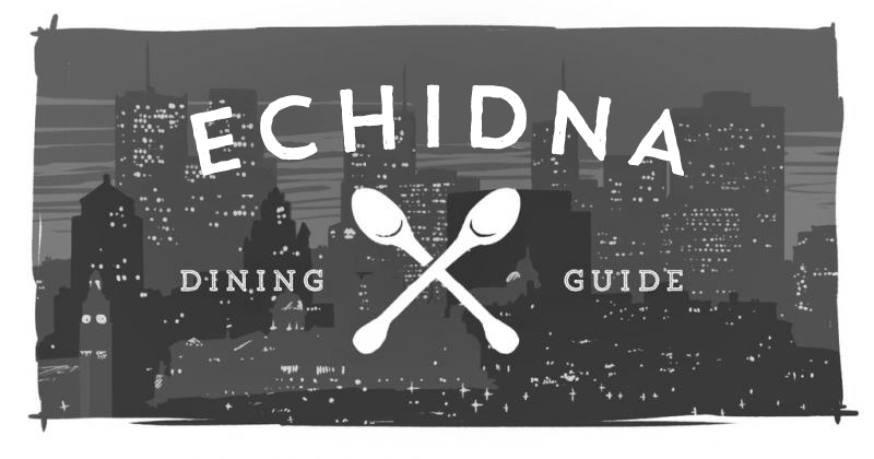 An image of a city, with a pair of spoons overlaid, reading "Echidna Dining Guide."