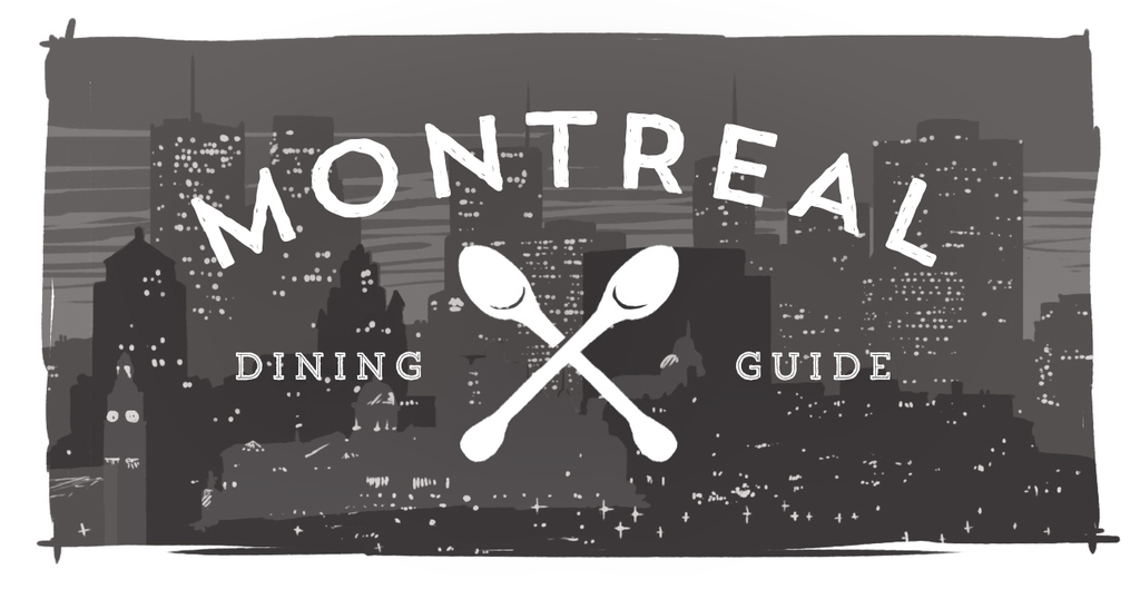 An image of the Montreal skyline with the phrase Montreal Dining Guide on it and crossed spoons.