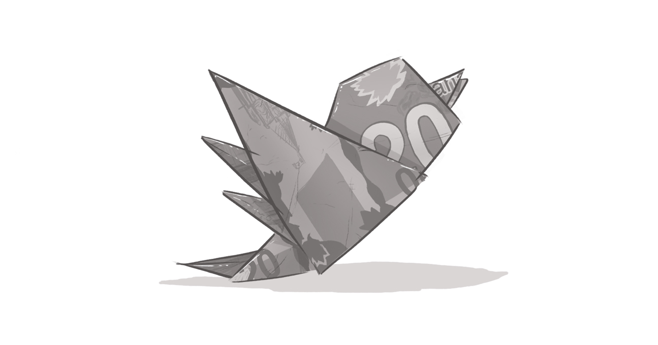 An image of a Canadian $20, folded, origami-style, into the Twitter logo.