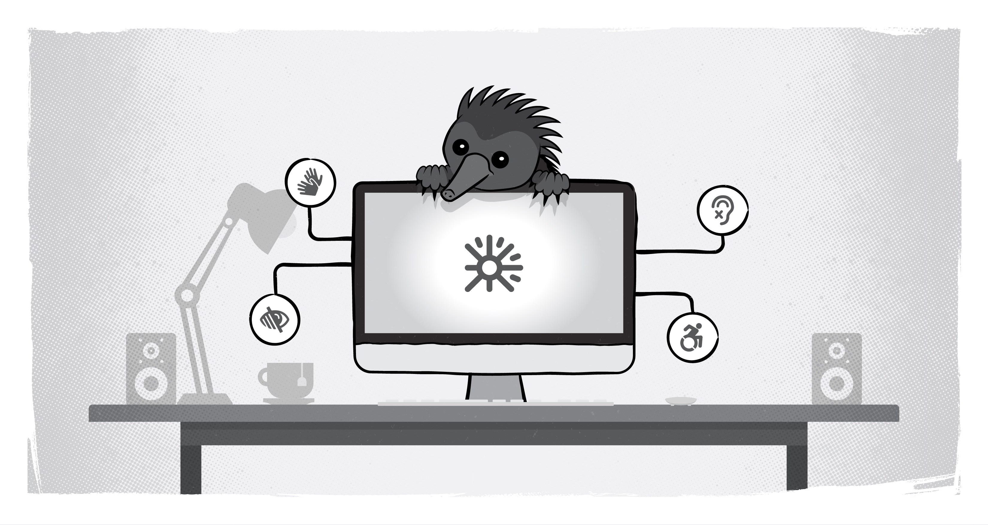 Echidna with computer and accessibility symbols