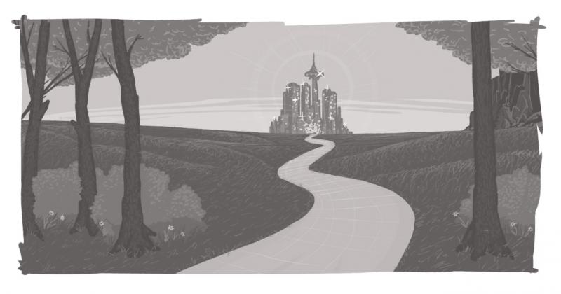 An image of a winding road, leading off to a glittering palace in the distance.