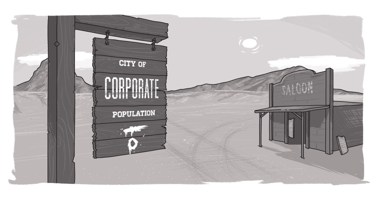 An image of a ghost town with a corporate blog sign on it.