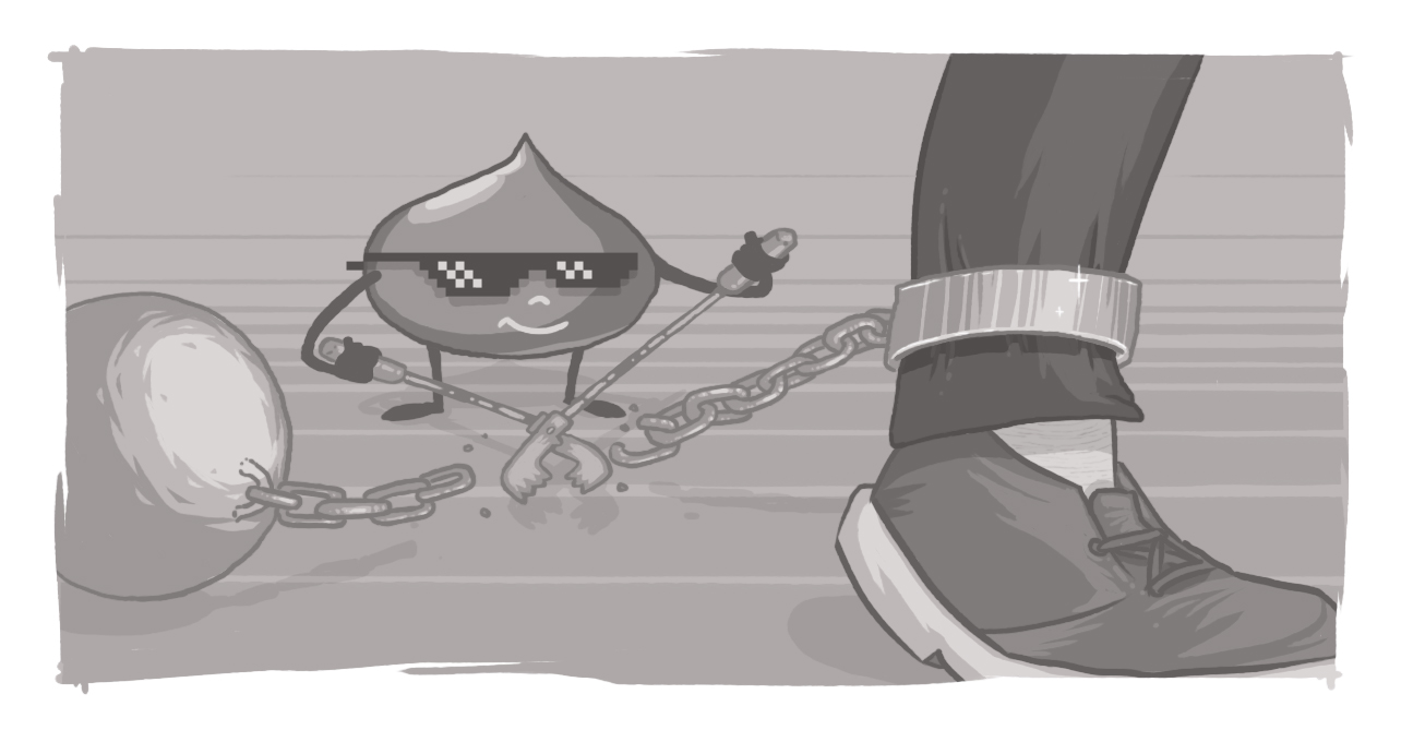 A Drupal Drop cutting a chain that's tethering someone's ankle to an iron ball.