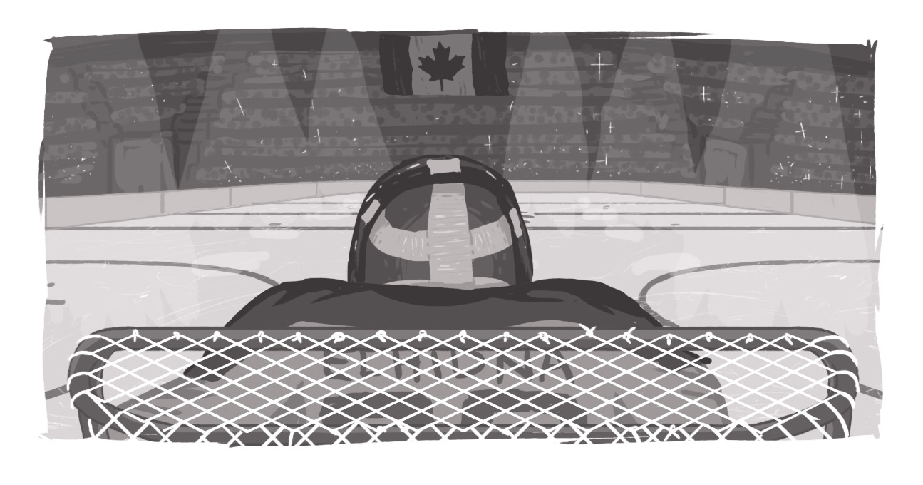 An image of a goalie, looking down the ice at a Canadian flag.