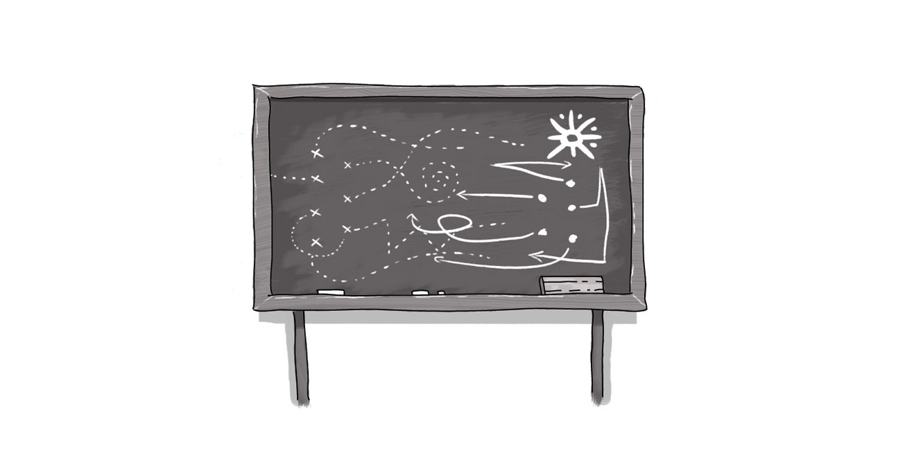 An image of a blackboard, with charts and lines.