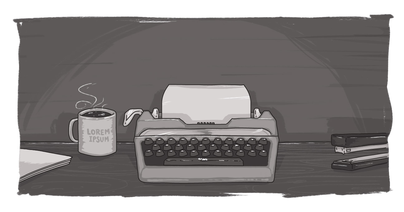 Black and white image of a typewriter and mug of coffee