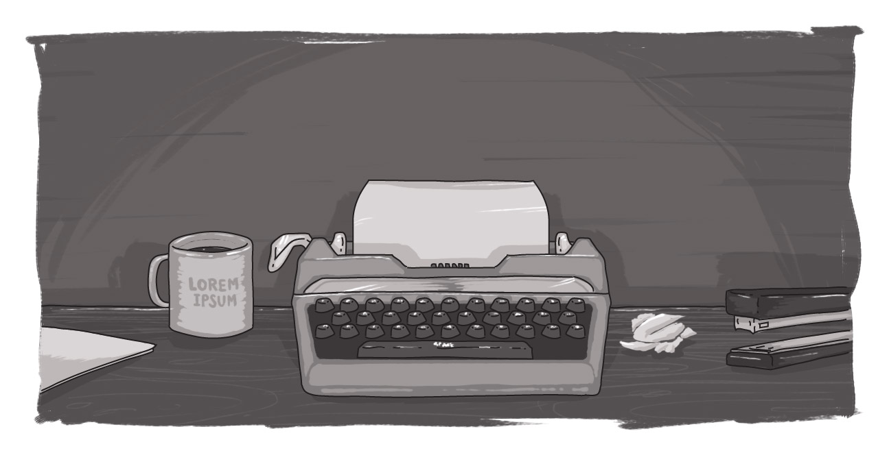 An image of a typewriter and a coffee mug.