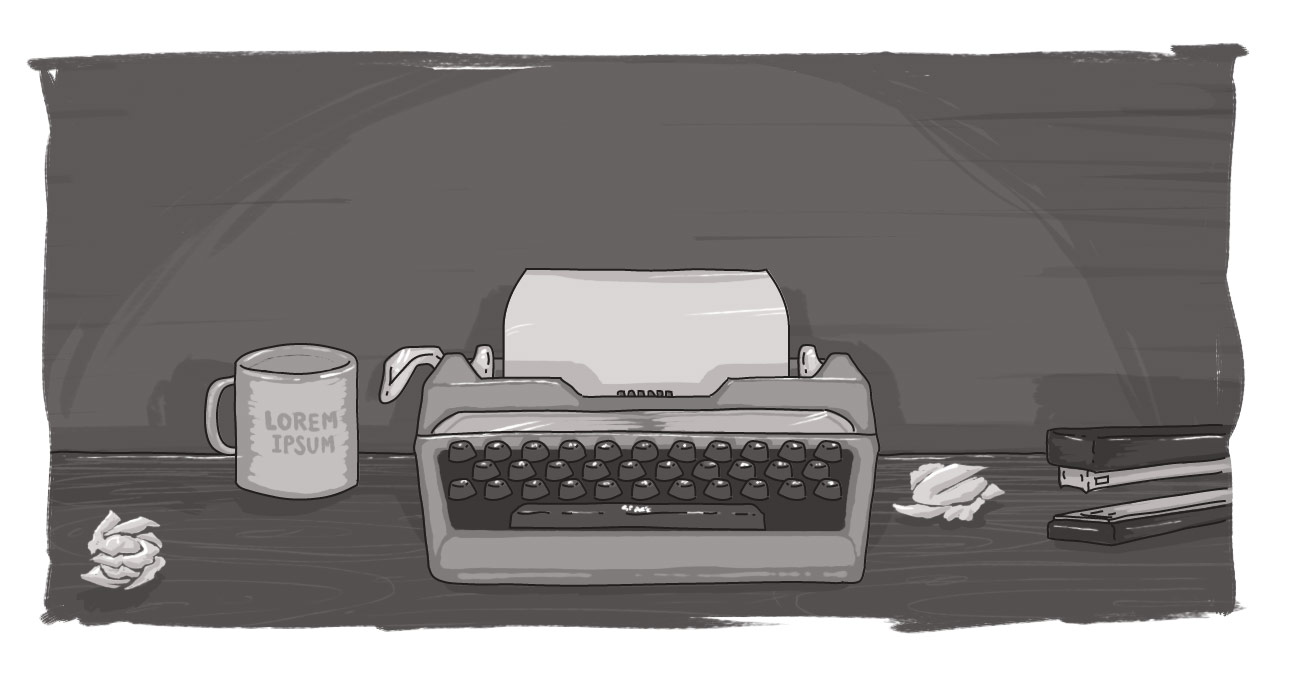 An image of a typewriter with a coffee cup next to it.