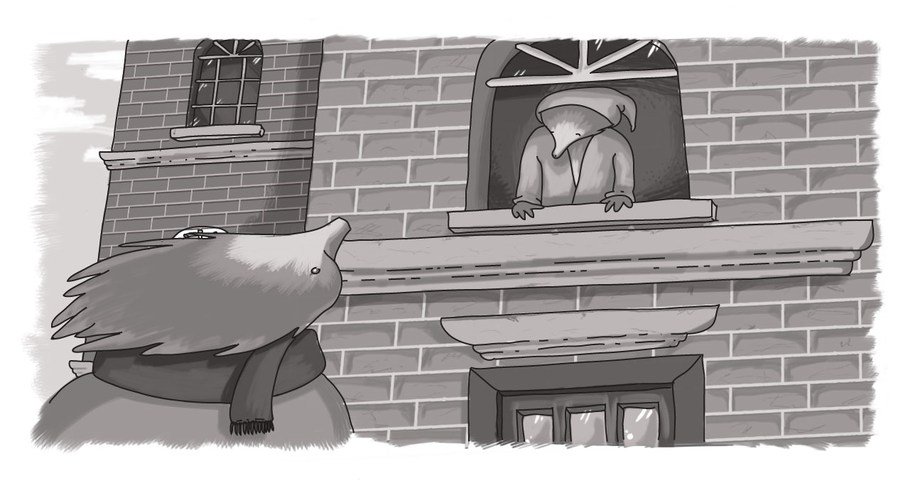 An image of an echidna looking up at a Scrooge-esque echidna in the window, emulating the A Christmas Carol scene.