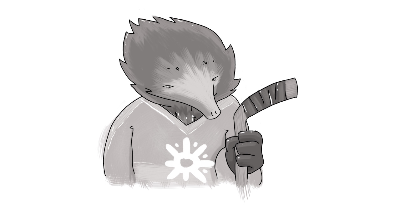 echidna in a hockey sweater holding hockey stick