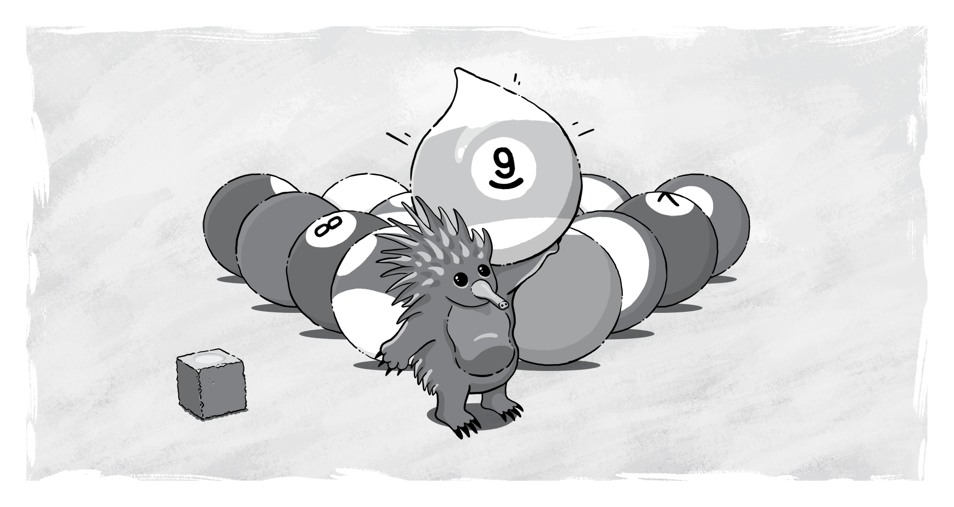 billiard balls echidna holding up number 9 ball 