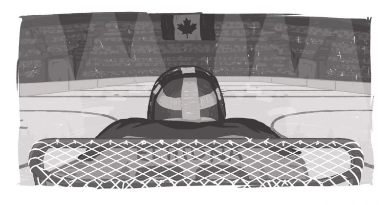A goalie with Echidna on the nameplate, looking across the ice