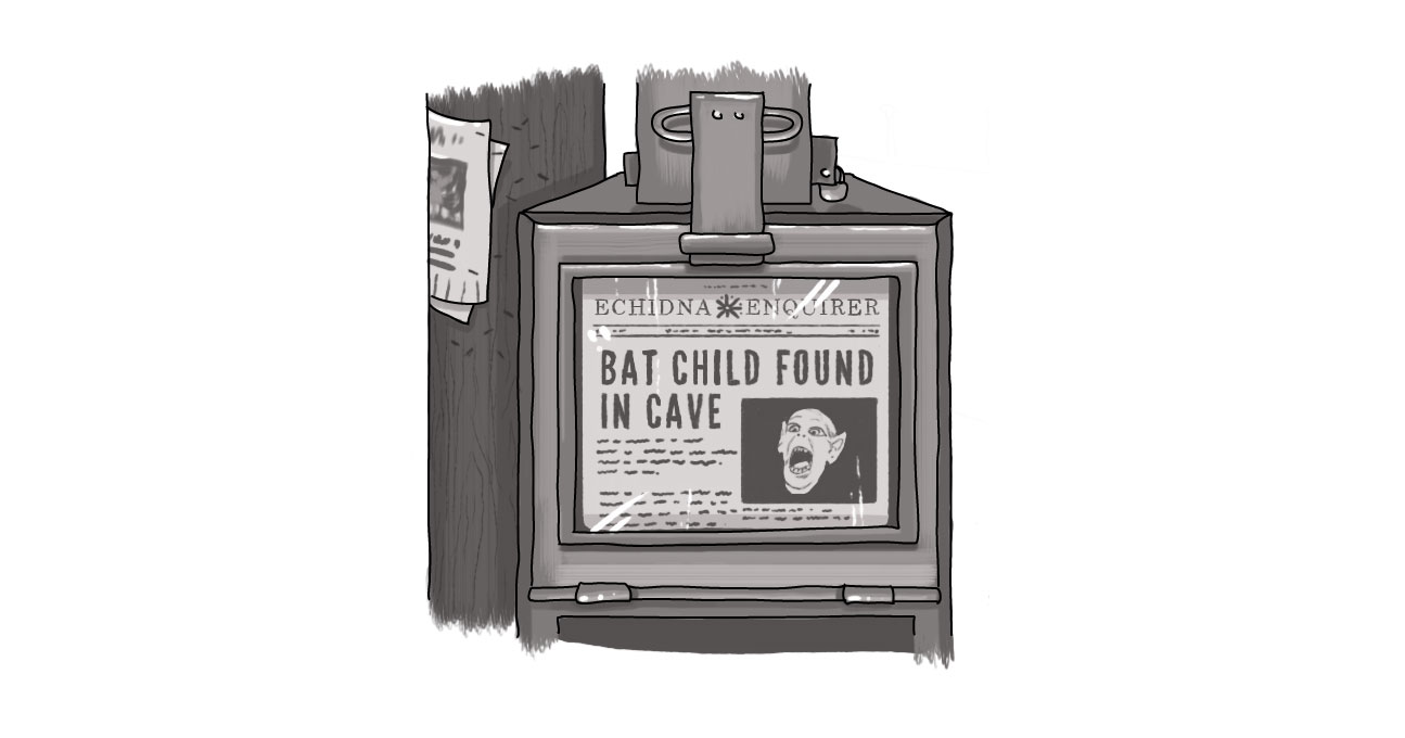An image of a newspaper in a box, with a Bat Boy headline.