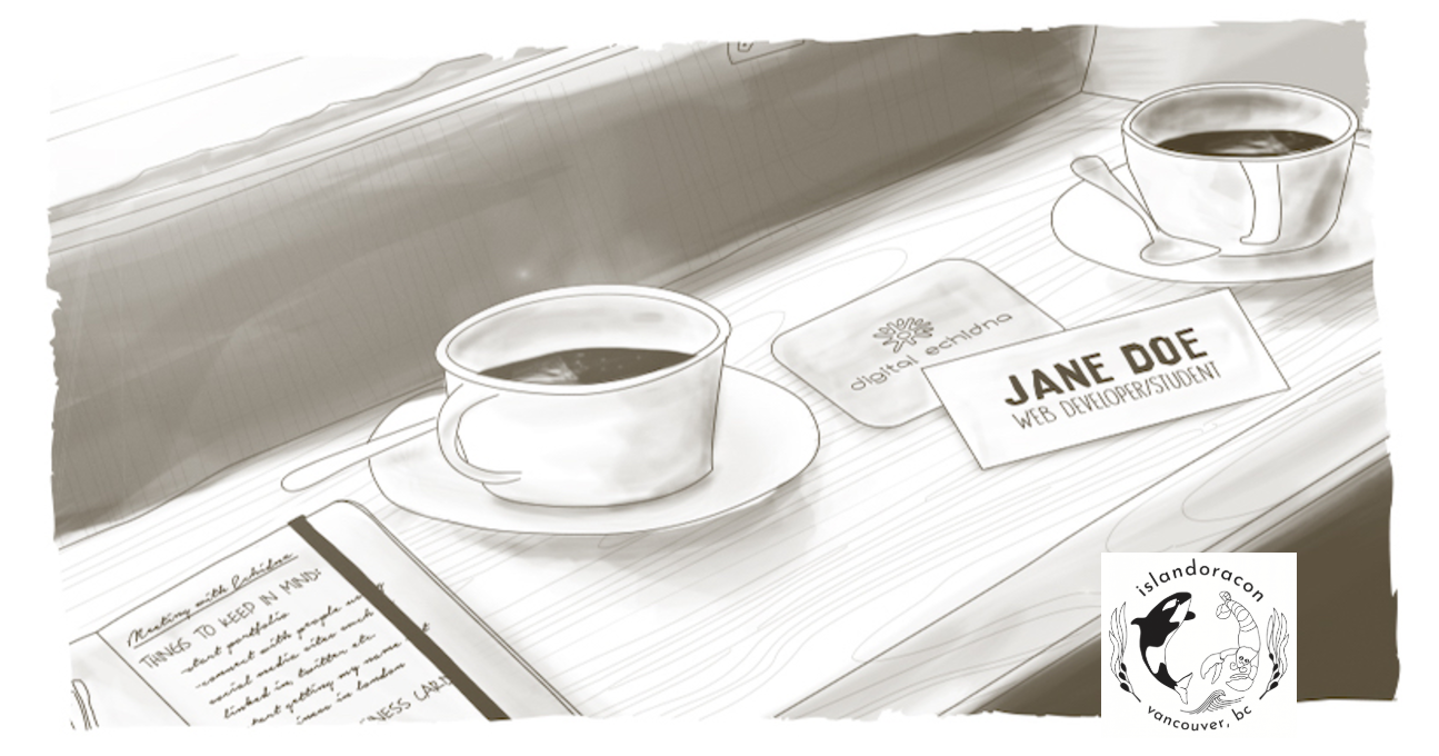 sketch of conference table with coffee mug, nametag, notebook