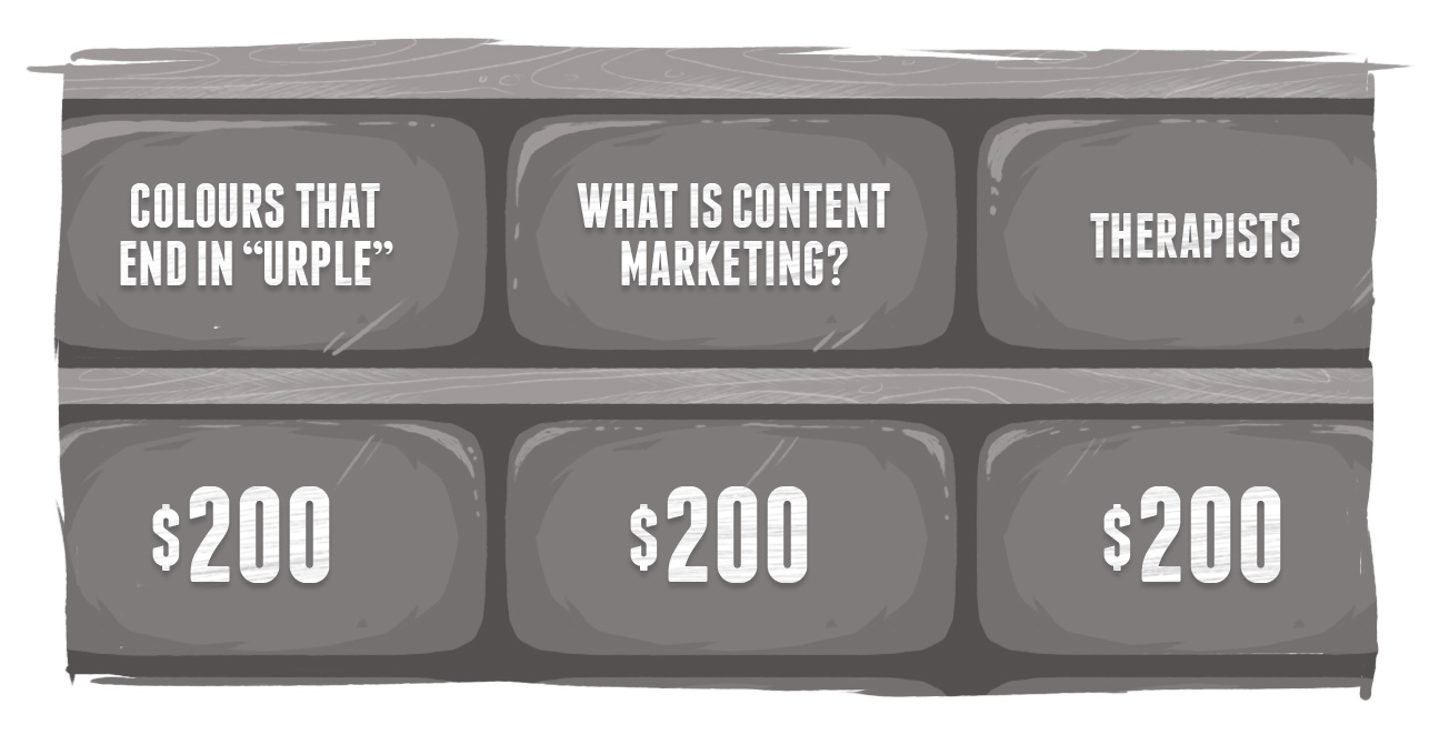 A Jeopardy board, including a category, "What is Content Marketing?"