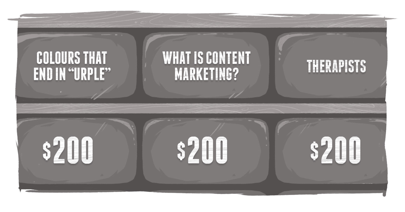 An image of a question board from the TV show Jeopardy with "What is Content Marketing" as a category.
