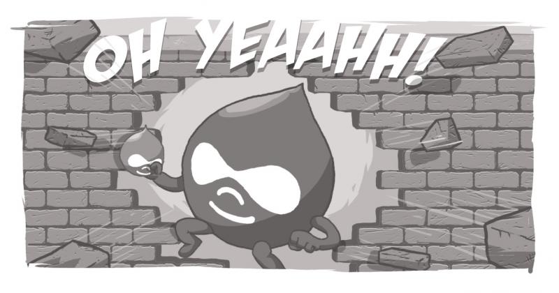 An image of a Drupal Drop, bursting through the wall like the Kool-Aid Man.