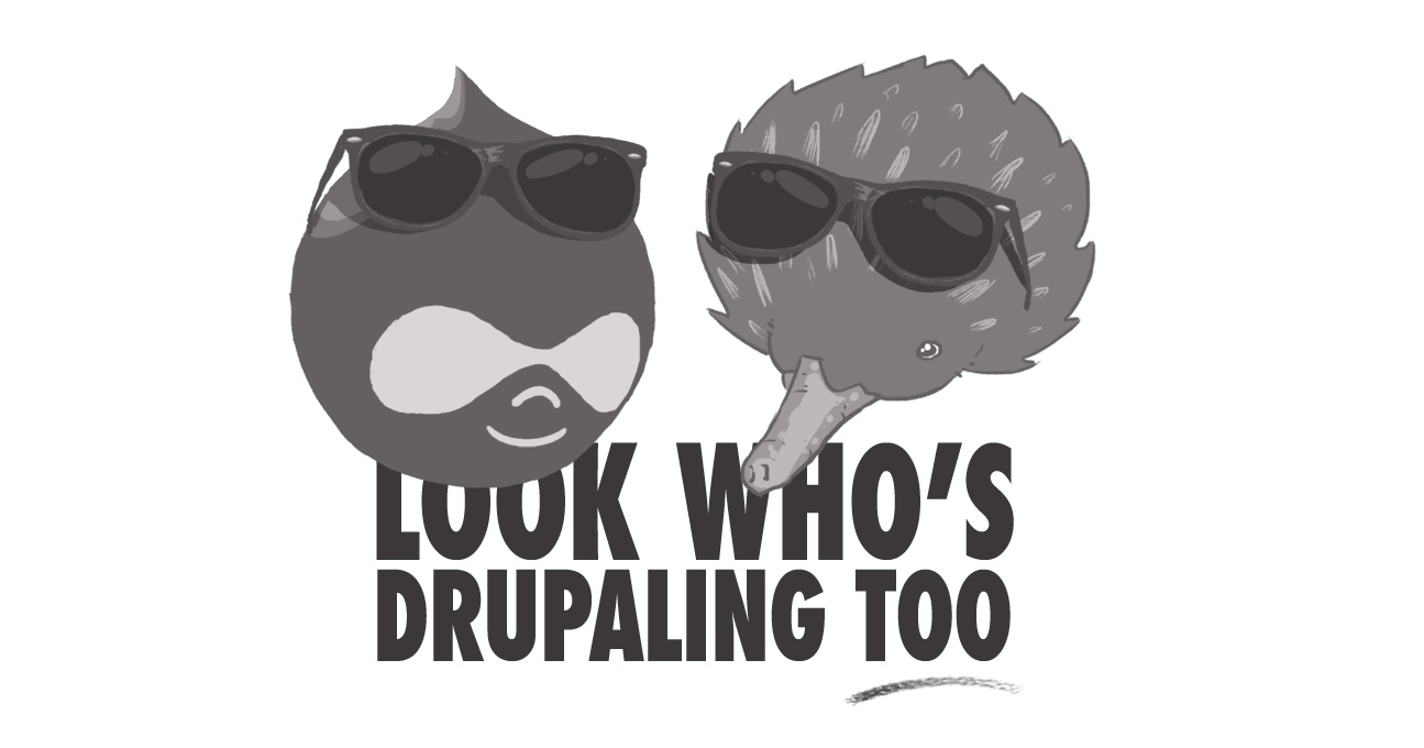 A parody of the Look Who's Talking Too poster, with an Echidna and a Drupal Drop