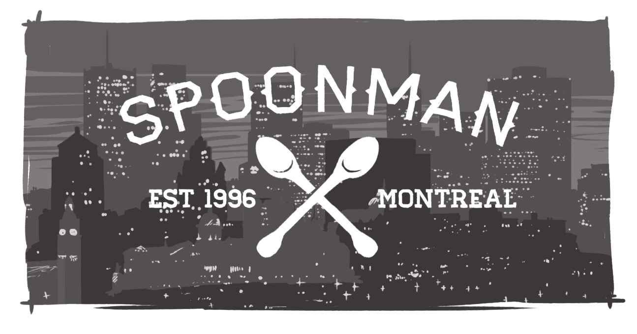 Image of Montreal skyline, with Spoonman - Est. 1996 emblazoned above it.