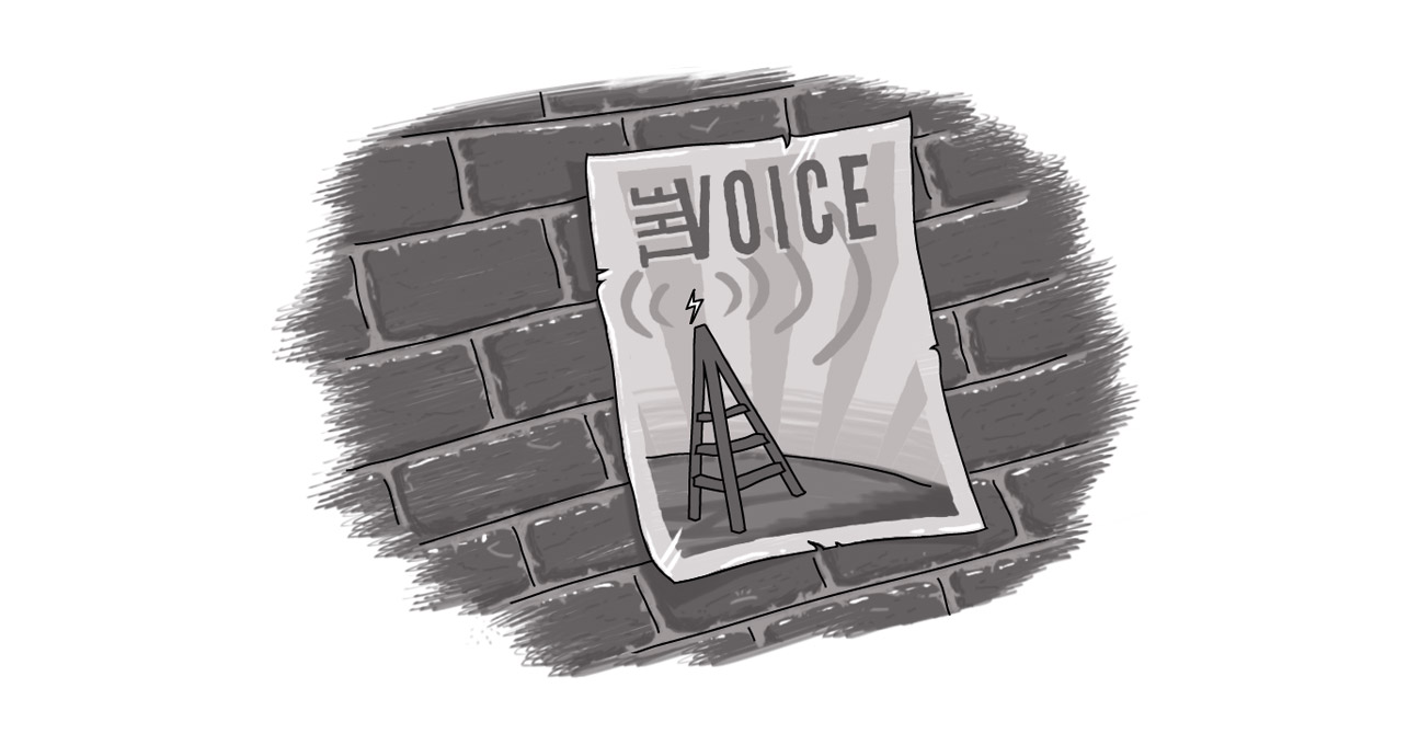 An image of a radio tower poster on a brick wall, which reads "The Voice"