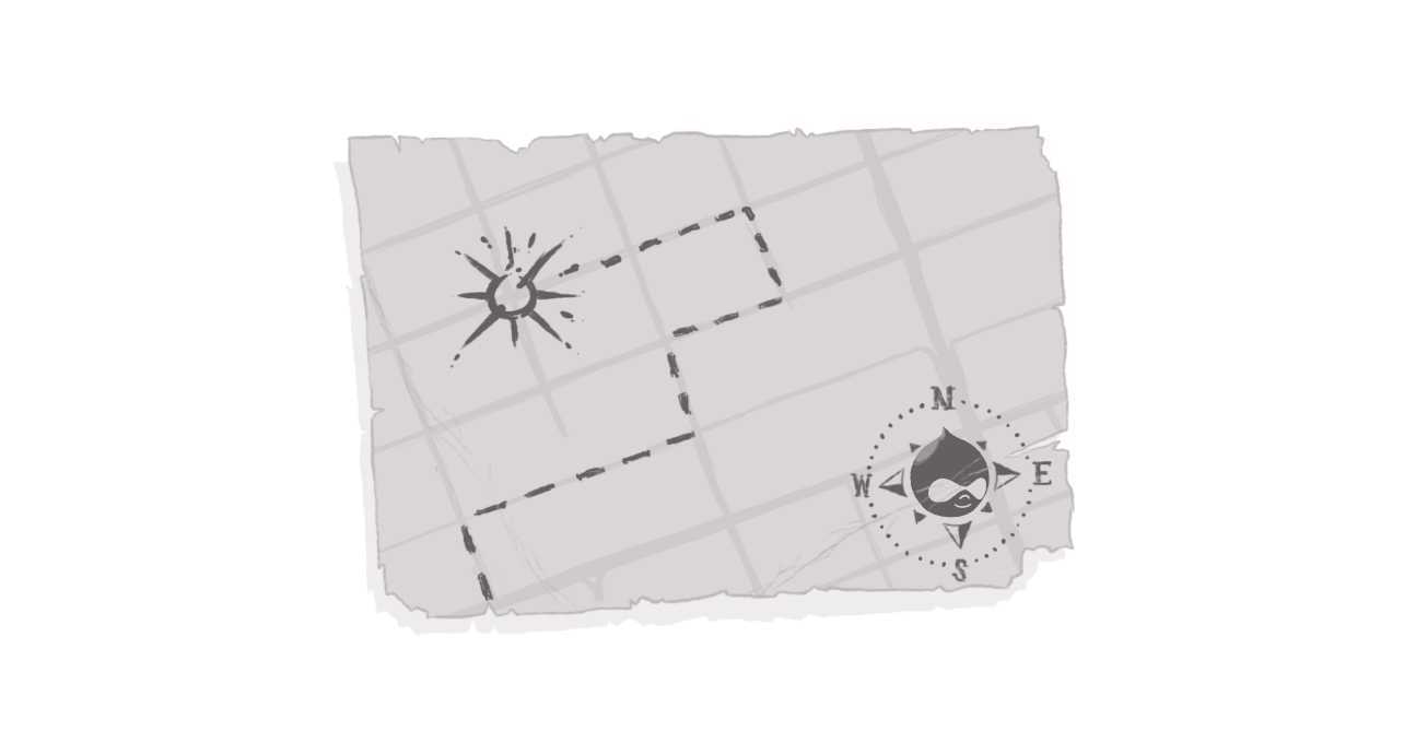 An image of a treasure map with a Drupal Drop as a key.