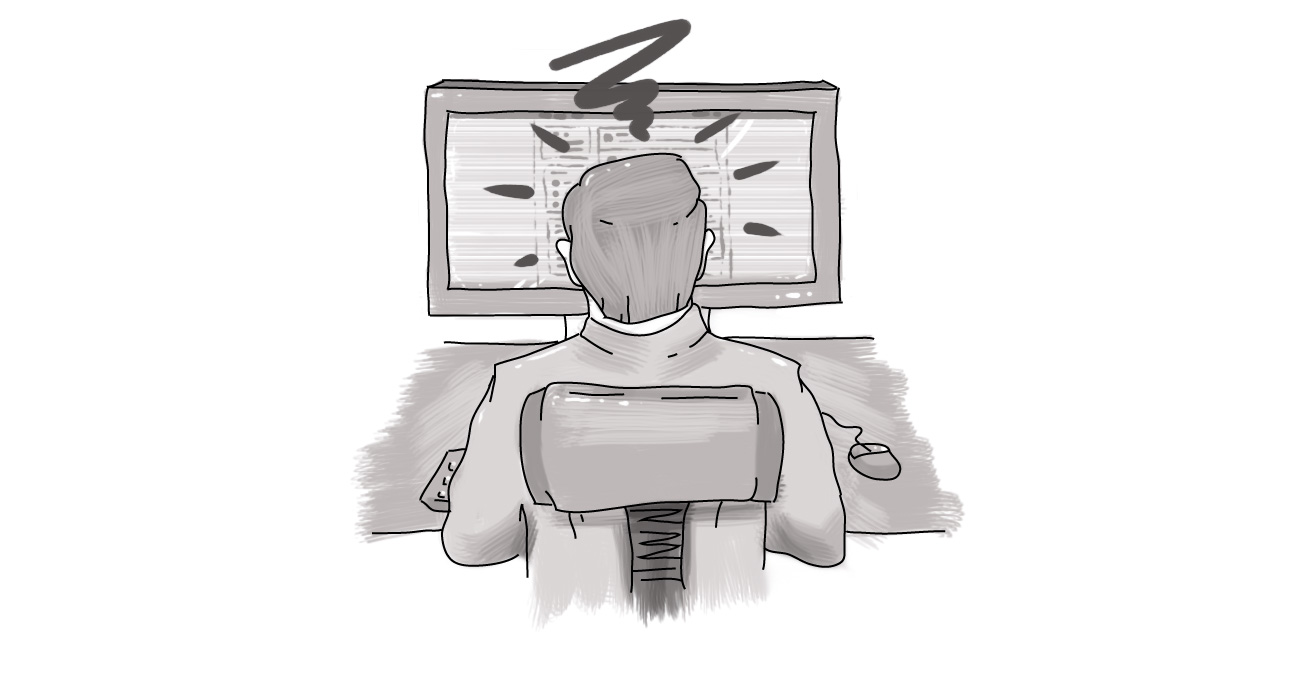 man in front of monitor with squiggly lines around his head