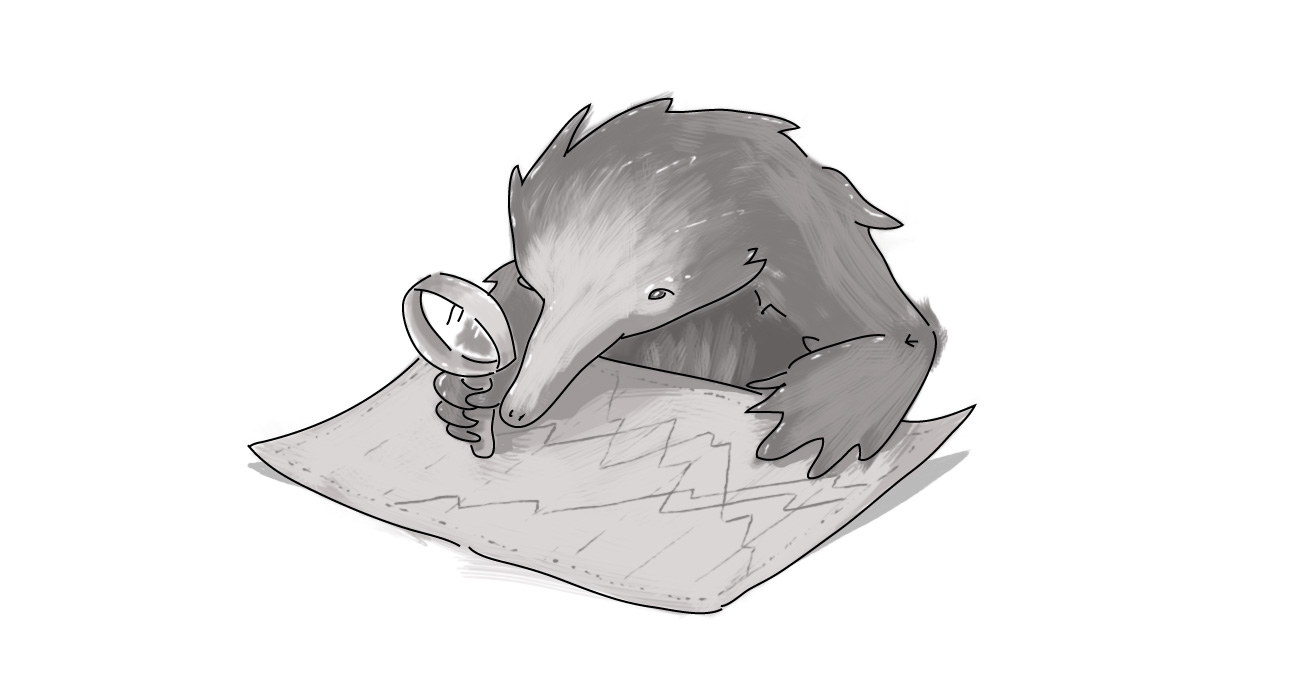 echidna looking at paper using magnifying glass