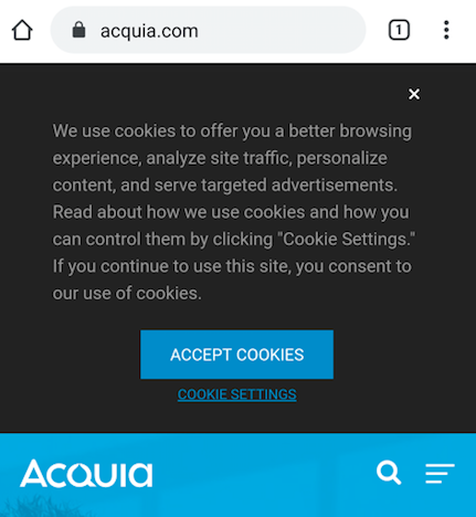 cookies banner from acquia.com